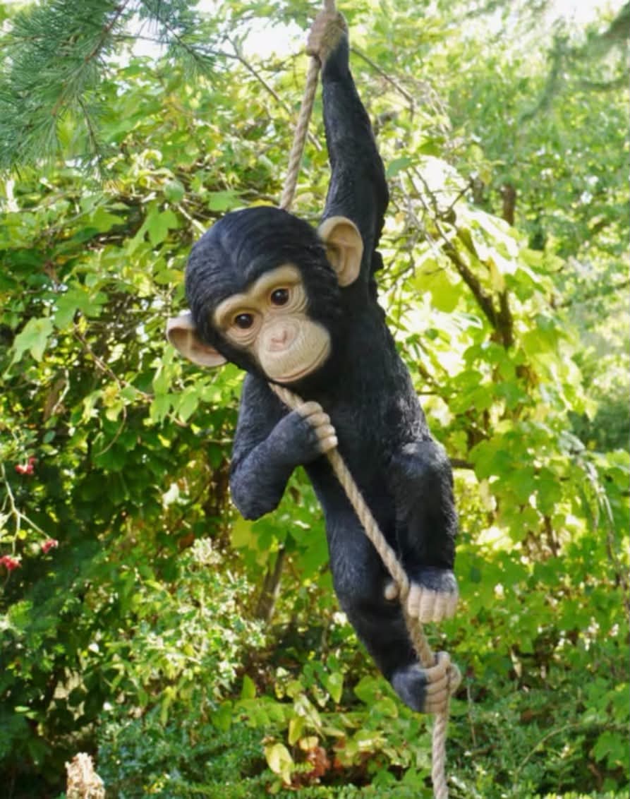 Hanging Monkey Garden Ornament Outdoor, Large Resin Monkey Statue on Rope, Animal Garden Decoration for Tree Fence Patio Pergola Yard Decor Gift