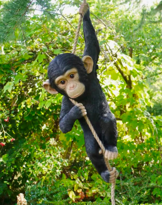 Hanging Monkey Garden Ornament Outdoor, Large Resin Monkey Statue on Rope, Animal Garden Decoration for Tree Fence Patio Pergola Yard Decor Gift