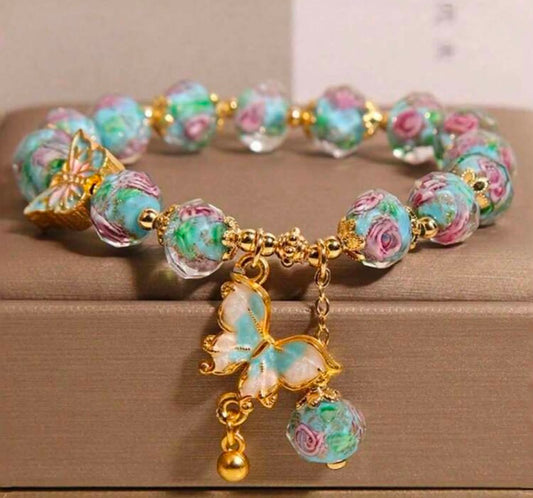 Bohemian Style Pink Rose Glass Bead Bracelet With Blue Butterfly Pendant, Handmade Oil Drop Craft Skin-Friendly Jewelry, Suitable For Daily Wear And Gifts