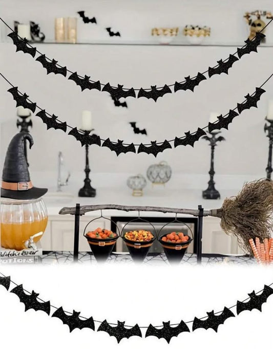 Halloween Bat Banner Garland, Black Glitter Bat Garland Party Decoration, No Battery Required,