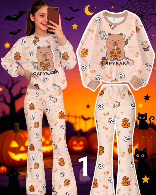 Halloween Autumn/Winter Casual Girls Vintage Pumpkin & Floral Print Crew Neck Sweatshirt And Flare Pants Set,
