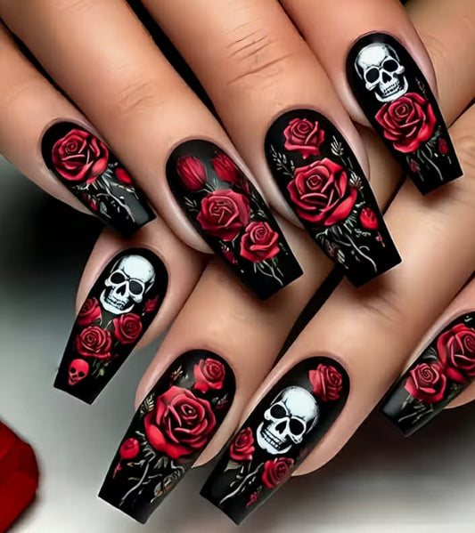Press-On Nails for Women - Almond Shaped Medium Length Fake Nails with Black & Red  Skull Vampire Gothic Design, Glossy Reusable Fake Nails