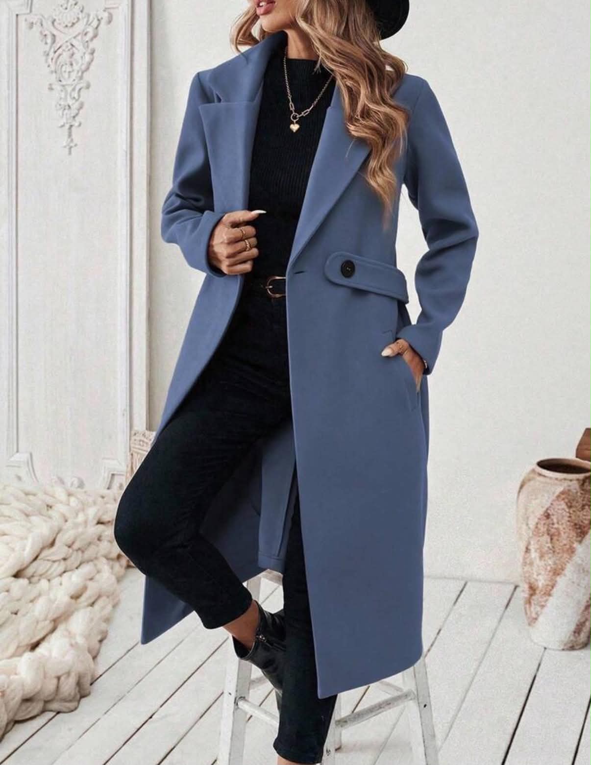 Plus Size Women's Elegant Formal Evening, Office Dark Wash Autumn Lapel Cinched Waist Button Pocket Mid-Length Coat, Classic Minimalist Long Jacket