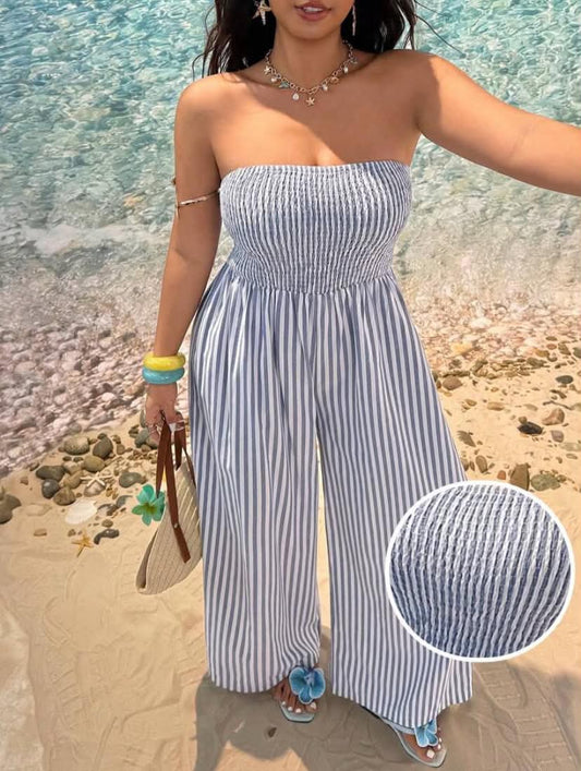 Plus Size Women's Backless Wide Leg Black & White Striped Jumpsuit, Plaid Ladies Summer Strapless Jumpsuit Striped Outfit,