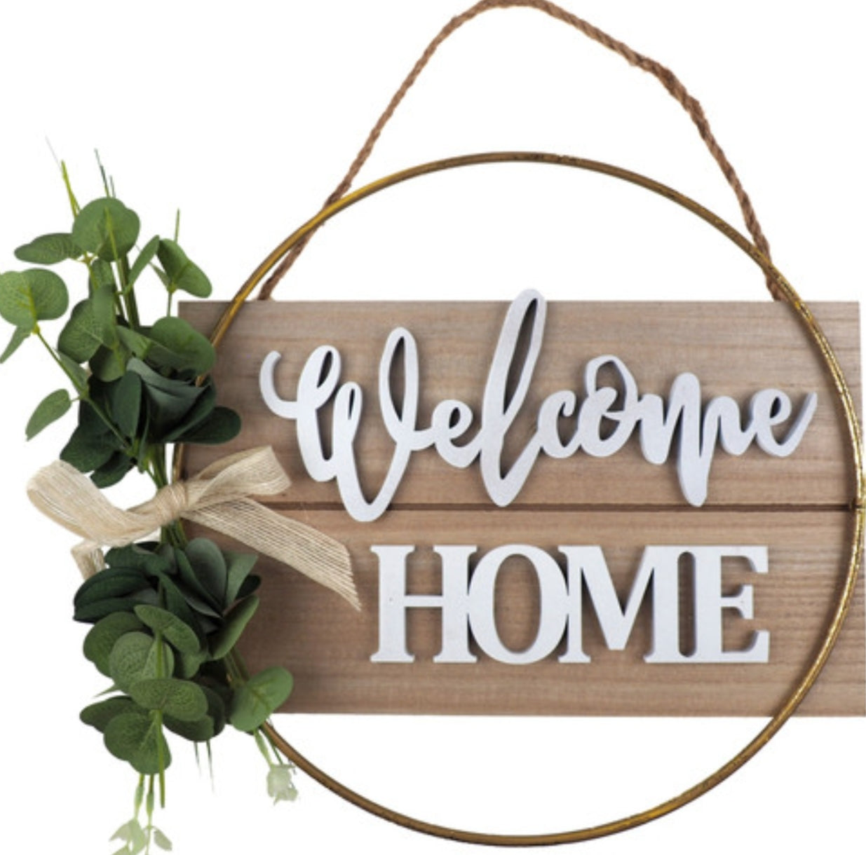 Welcome Home Hanging Plaque 30cm - With Sage leaves / Wood - Natural Cottage Design