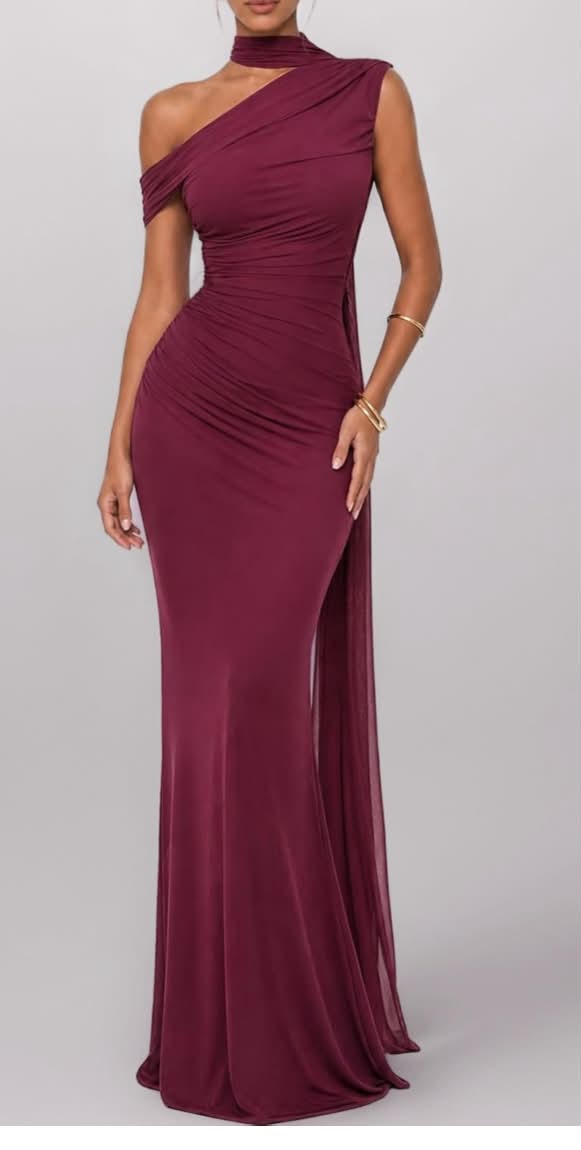 Women's One Shoulder Mesh Ribbon Ruched Formal Maxi Dress