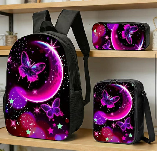 Purple Butterfly and Moon Starry Sky Print Backpack, Pencil Case, and Tote Set.