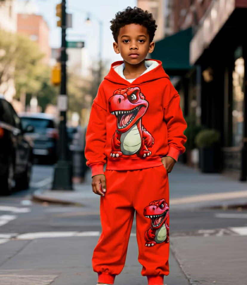 2 pcs Boys' Dinosaur Print Hoodie and Jogger Set.