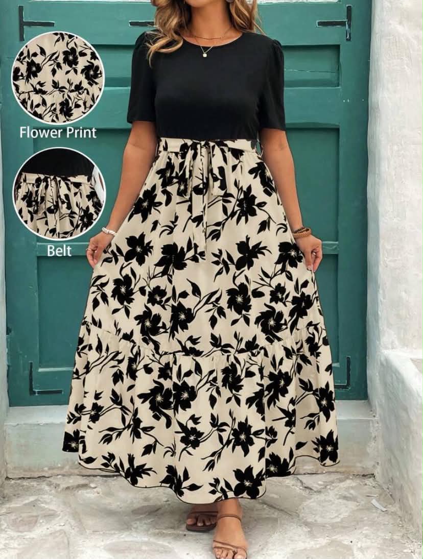 Plus Size Floral Print Ruffle Hem Short Sleeve Round Neck Dress,