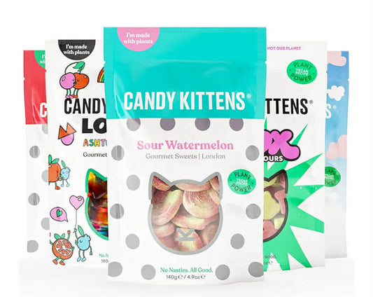 Candy Kittens Vegan Sweets DISCOVERY Selection, 5 x 140g, Vegan Chewy Sweets Bundle - 5 Packs, Wild Strawberry, Sour Watermelon, Shox, Wanderlust & LOVES, Ideal Vegetarian Treats