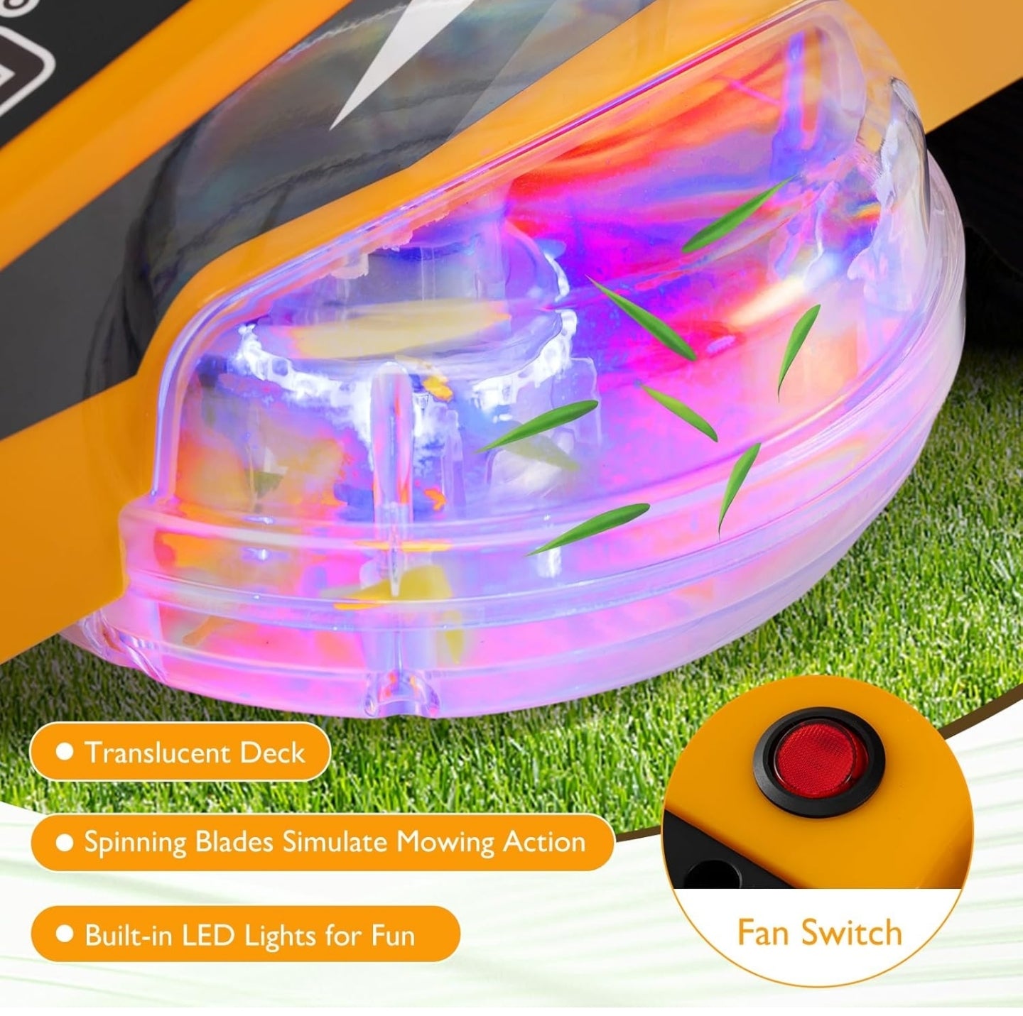 12 V Ride on Lawn Mower for Kids, 2 Motors Electric Car with 360° Twist and Turn, Dual Control Sticks, LED Lights, Outdoor Ride on Toy for 3-8 Years Old