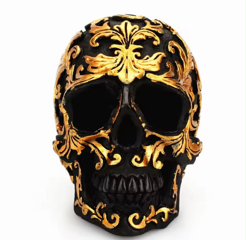 Resin Craft Black Skull Head Golden Carving