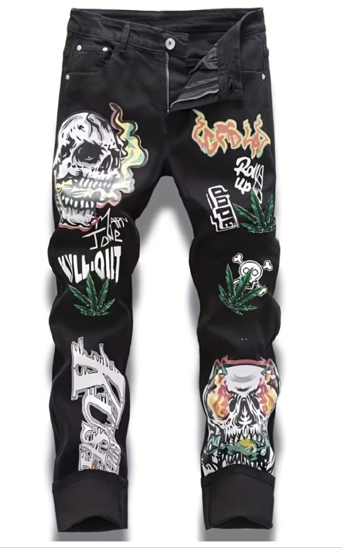 New Style European and American Black Printed Trendy Skull Denim Jeans