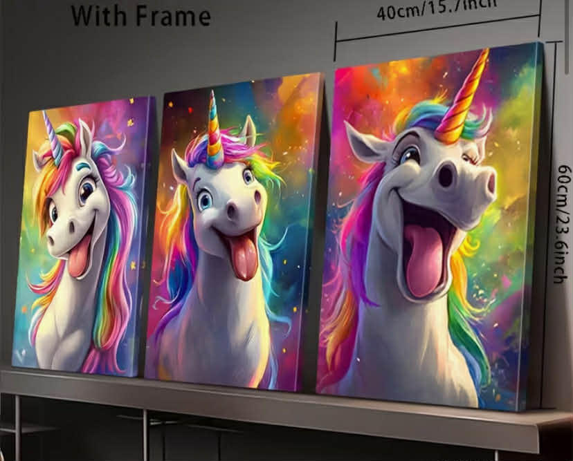 2D Flat Wall Decor with Frames, a Set of Three High-Definition Prints Featuring Popular Rainbow Unicorn Tongue