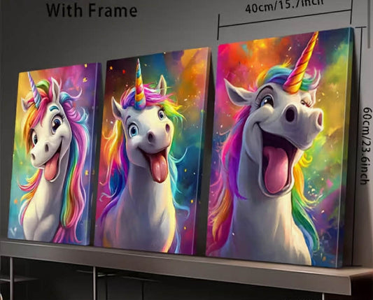 2D Flat Wall Decor with Frames, a Set of Three High-Definition Prints Featuring Popular Rainbow Unicorn Tongue