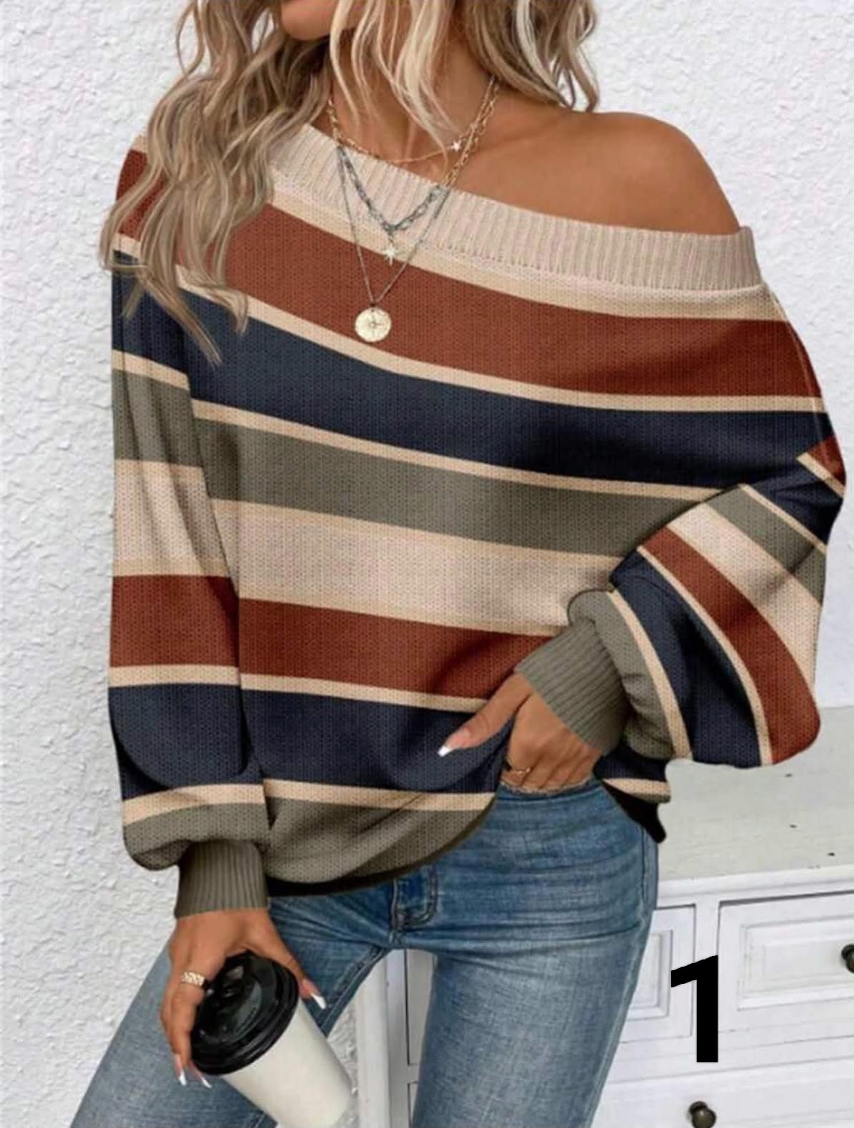 Women Leopard & Striped Patchwork Off-Shoulder Fashionable Versatile Long Sleeve Sweater, Suitable For  Spring, Fall