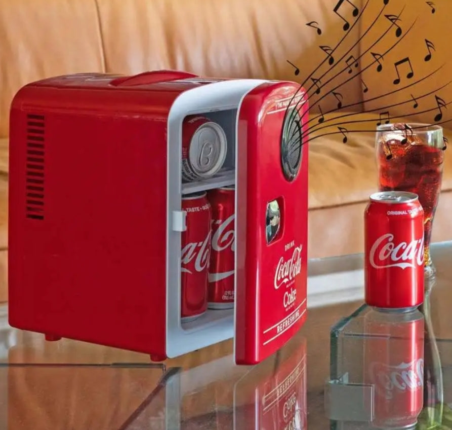Coca Cola 4L Mini Fridge For Bedrooms 6 Can 12V Portable Cooler Warmer with Bluetooth Speaker