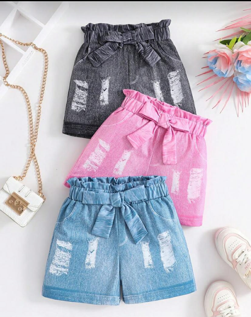 Young Girl Denim Effect Floral Print Shorts 3pcs/Pack