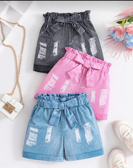 Young Girl Denim Effect Floral Print Shorts 3pcs/Pack