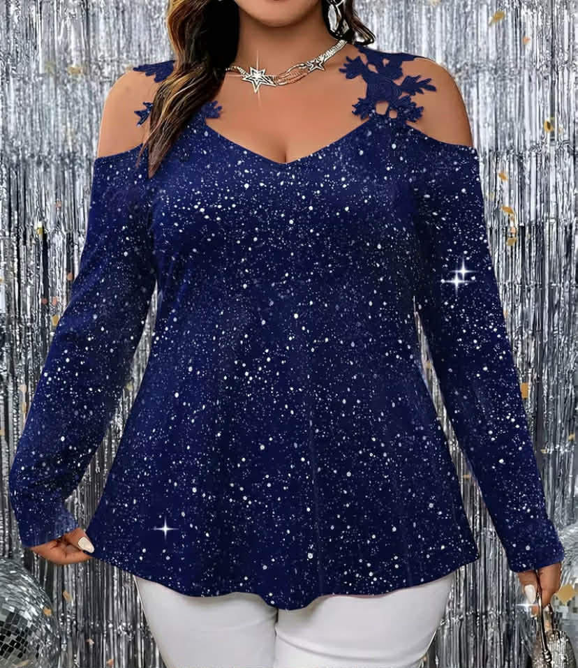 Directional Development of New European And American Fashion Printed Plus-Size Lace Patchwork Off-Shoulder Tops
