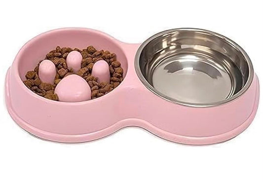 Fur & Bone Double Slow Feeder Dog Bowl  Raised Dog Bowl with Non-Slip Bottom Stainless Steel Bowl Detachable Raised Cat Bowl