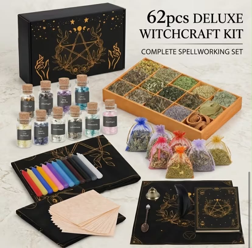 62 pcs Witchcraft Supplies Kit for Beginners, Witch Altar Spell Box Include Dried Herb Crystal Notebook Parchment, DIY Crafts Tools for Soap Scented Fragrance Making