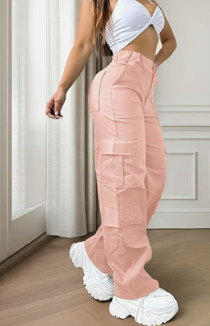 Women'S Elegant Street Style Cargo Pants - Fashionable Casual Loose Fit Elastic Waist Multi-Pocket Pants for All Seasons, Plus Size