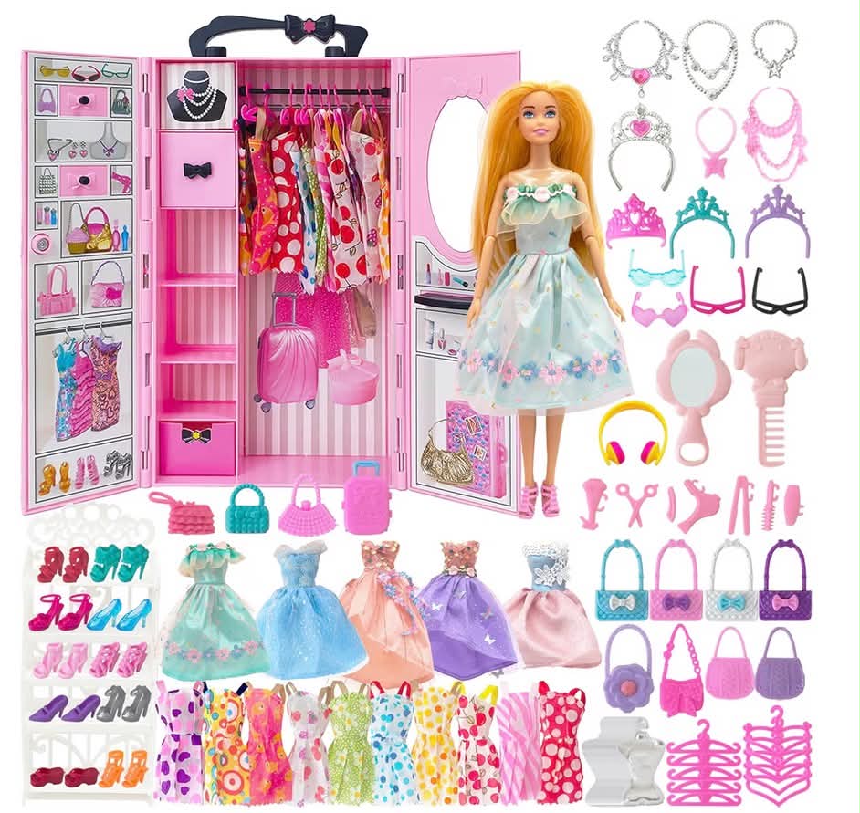 122 Pcs Doll Wardrobe Playset with 11.5 Inch Dolls, Clothes and Accessories, Include Princess Dresses Closet Shoes Bag Other Accessories, Dress Up Toys for Girls, Kids, Toddlers