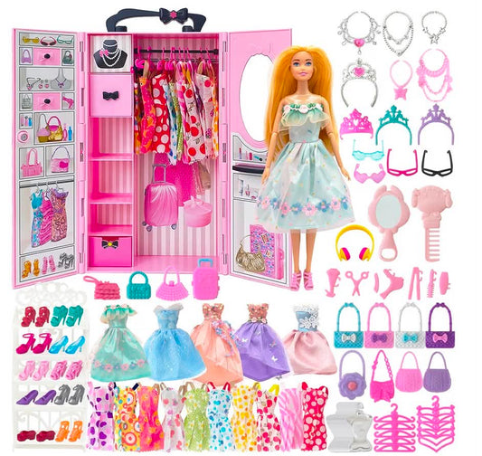 122 Pcs Doll Wardrobe Playset with 11.5 Inch Dolls, Clothes and Accessories, Include Princess Dresses Closet Shoes Bag Other Accessories, Dress Up Toys for Girls, Kids, Toddlers