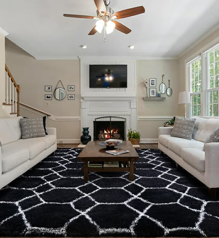 Geometric Rugs for Bedroom, 120x170cm Black and White Lines Fluffy Area Rugs for Living Room, Kids Room, Nursery Decor, Non-Slip Modern Shaggy Floor Carpet, Low Shedding
