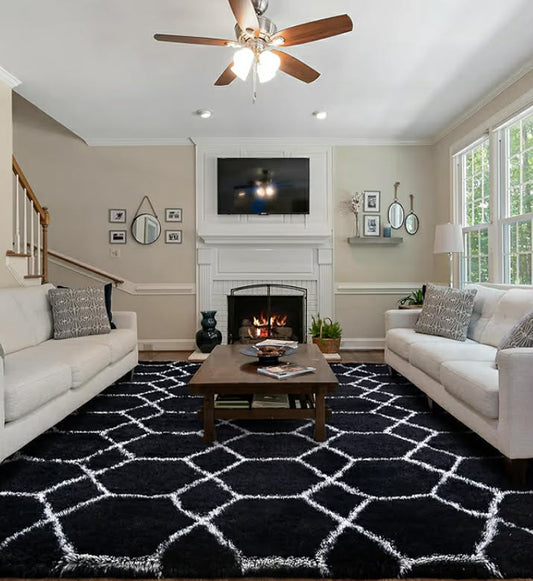 Geometric Rugs for Bedroom, 120x170cm Black and White Lines Fluffy Area Rugs for Living Room, Kids Room, Nursery Decor, Non-Slip Modern Shaggy Floor Carpet, Low Shedding