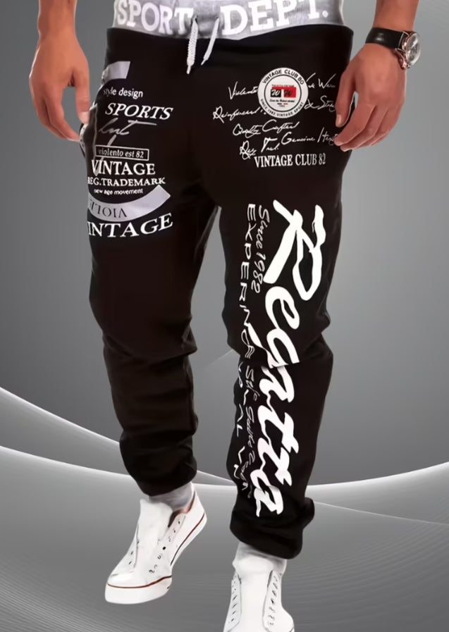 Men'S C-Print Long Trousers, Casual Athletic Print Drawstring Adjustable Waistband, Practical Long Pants,