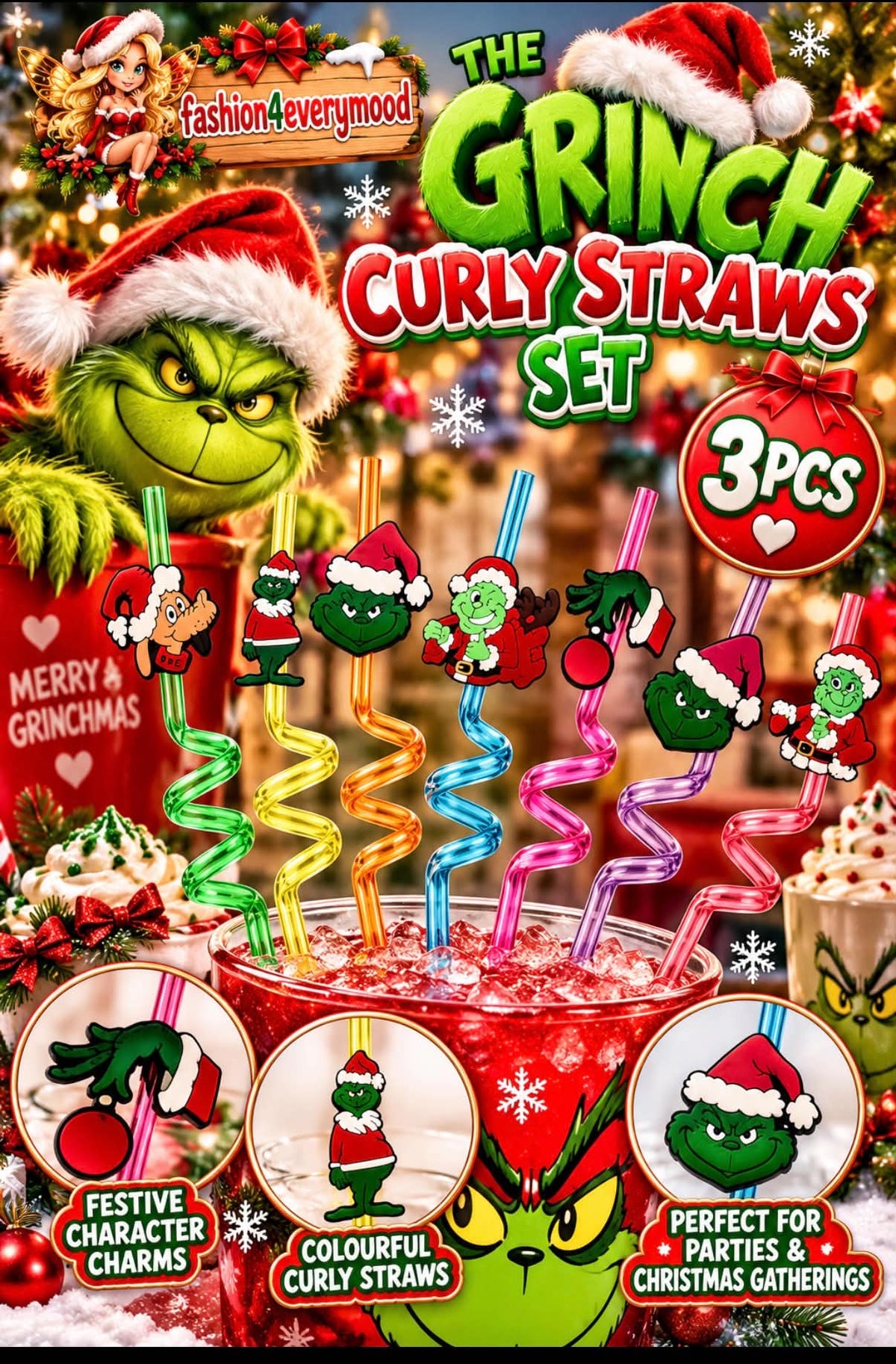 🎄The Grinch Christmas Curly Straws – 3pc Set 🎄