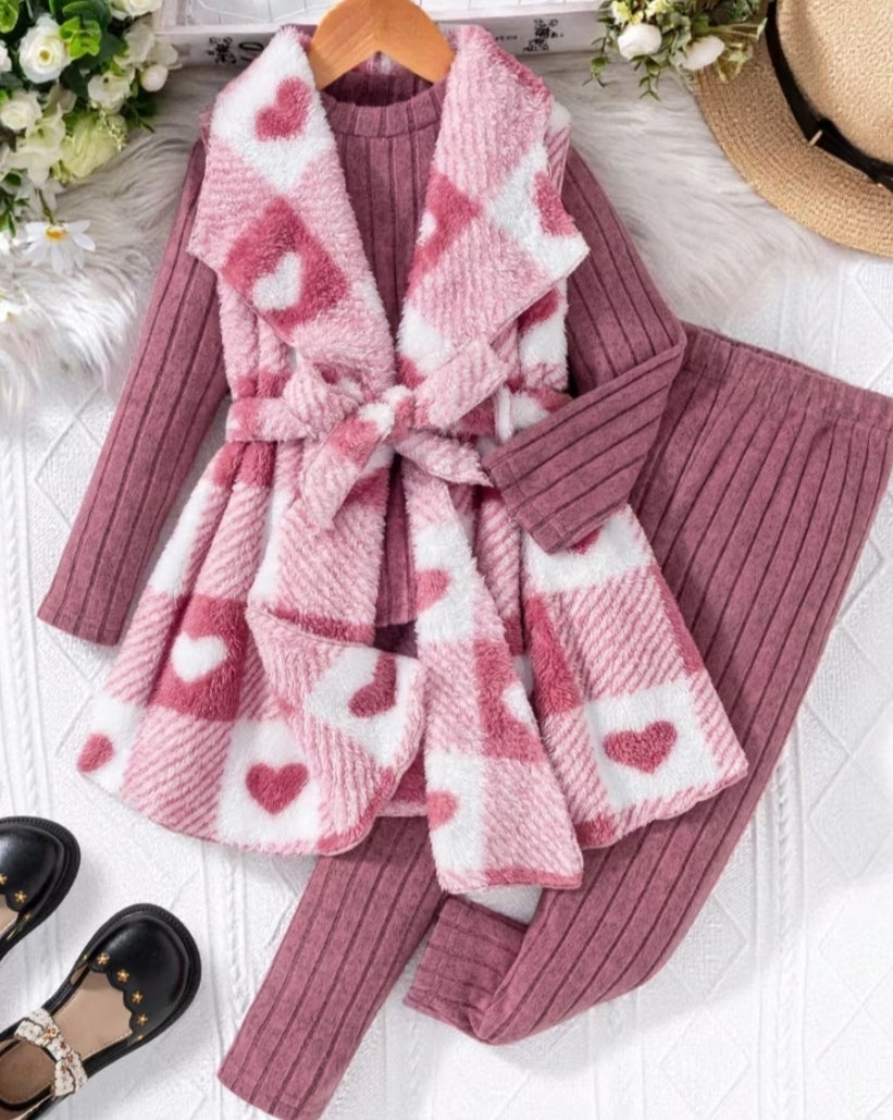Girls' Fall Winter 3pcs Sweet Pink White Checkered Heart Plush Vest, Long Sleeve Top And Skinny Pants Outfit, for Outdoor