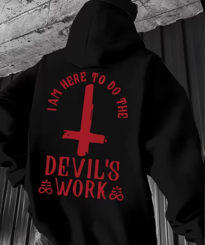 Men's Gothic Style Deep Red Hoodie with Pentagram & "Demon" Back Print - Heavy Metal Style Casual Pullover, Adjustable Hood & Kangaroo Pocket,