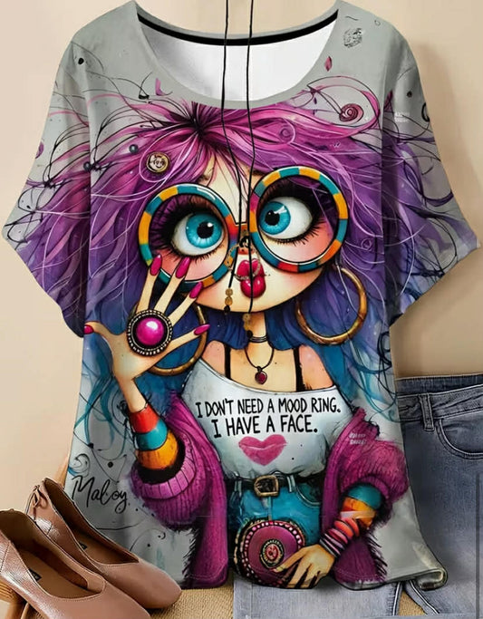 Plus Size - Casual Women'S Crew Neck Short Sleeve T-Shirt Portrait Print, Breathable Stretch Fabric, Fashionable and Comfortable