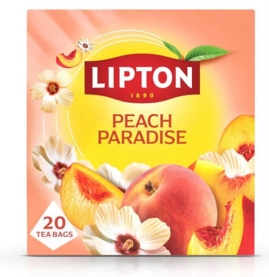 Lipton Peach Paradise Fruit Infusion Herbal Tea Bags - Peach & White Hibiscus, 20 Plant-Based Pyramid Bags, Caffeine-Free, Natural Flavours.