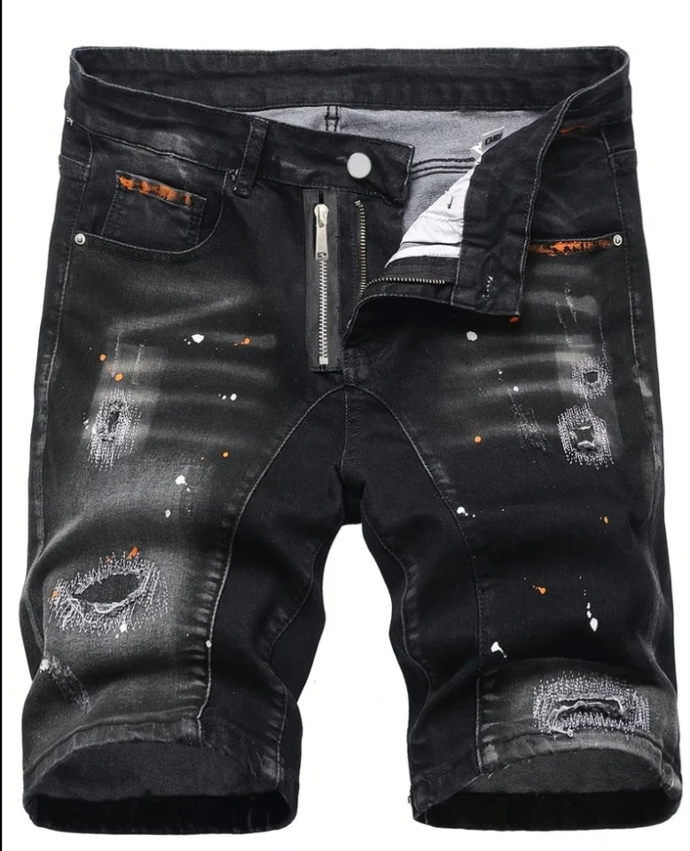 Summer Men'S High-Elastic Ripped Denim Shorts, Casual Fashion Knee-Length Street Ripped Hollowed-Out Everyday Shorts