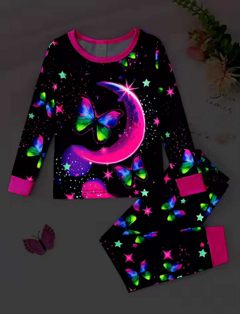 Girls' Starry Night Butterfly Print Pajama Set