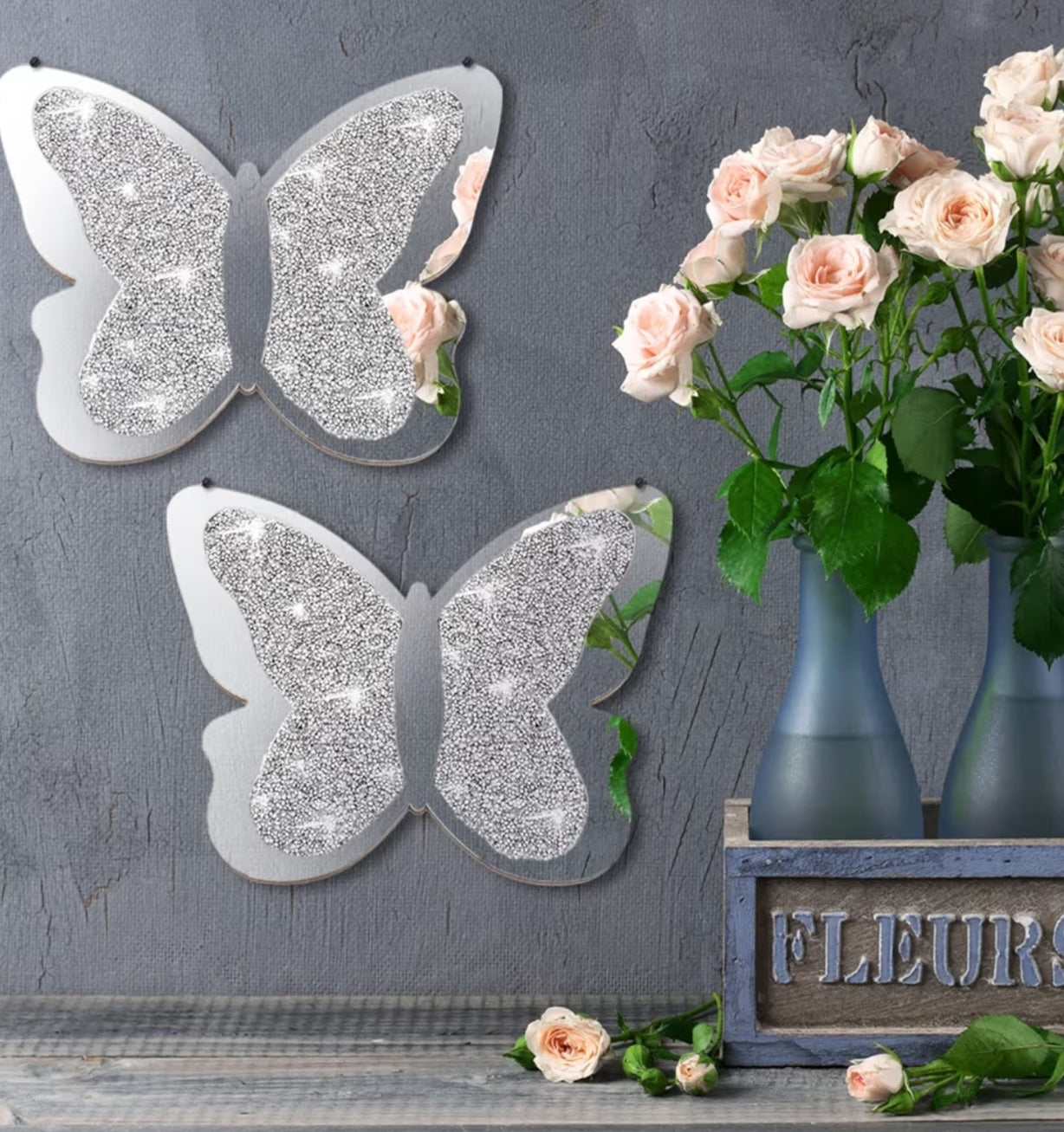 Vesici 2 Pieces Butterfly Shaped Mirror Crystal Crushed Diamond