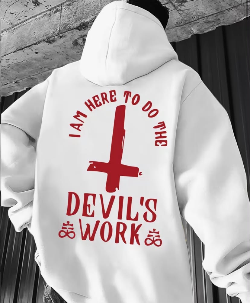 Men's Gothic Style Deep Red Hoodie with Pentagram & "Demon" Back Print - Heavy Metal Style Casual Pullover, Adjustable Hood & Kangaroo Pocket,