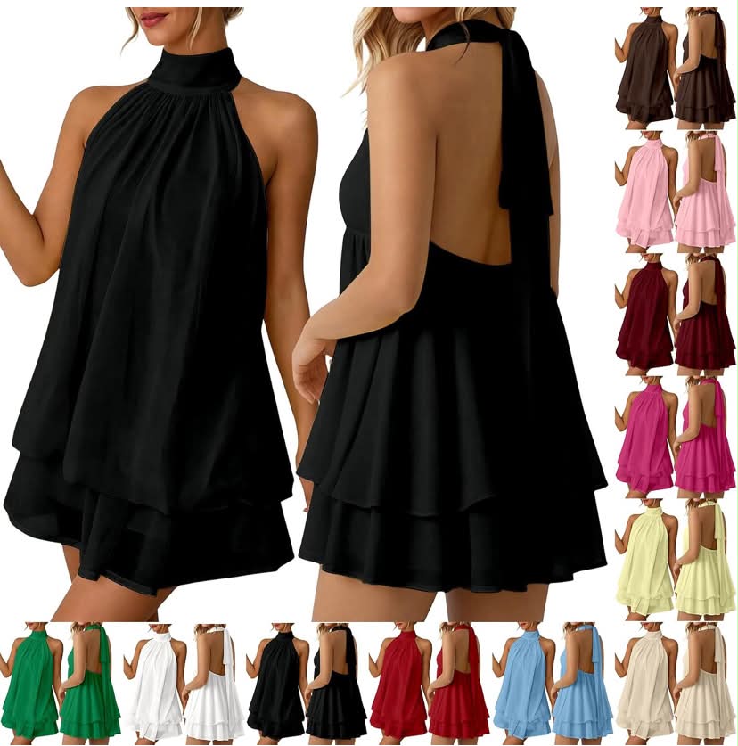 Backless Halter Neck Dress for Women Chiffon Mini Sleeveless Casual Dresses Ladies Flowy Open Back