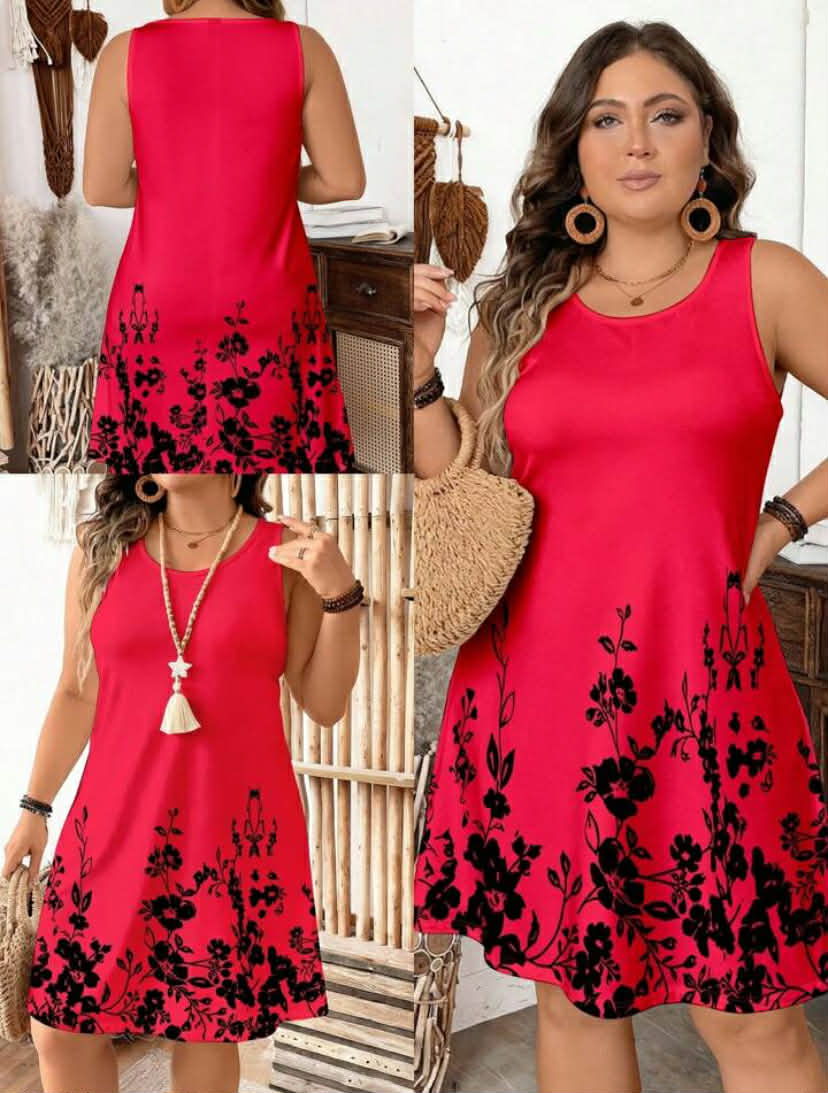 Plus Size Red or black  Floral Print Comfortable Casual Dress