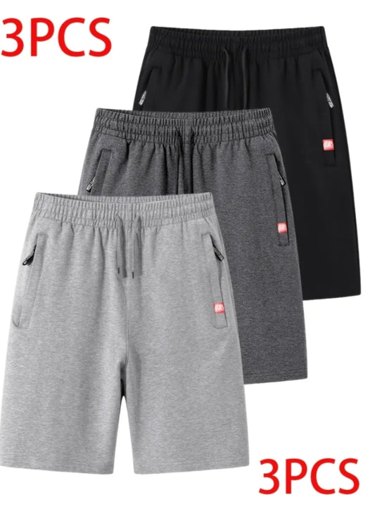 3 pcs Men's Casual Sports Shorts with Zipper Pockets and Drawstring Waist, Made of Soft Fabric, Lightweight and Breathable,