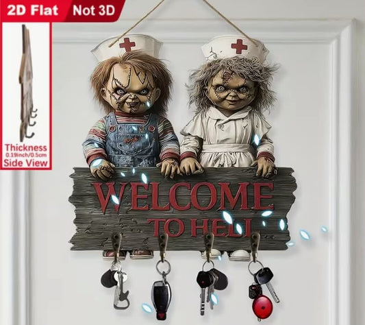 2D Flat, 1pc Horror Charlie Inspired Wooden Wall Key Rack, Bohemian Style, with Hooks, Unique Gift for Charlie Collectors,