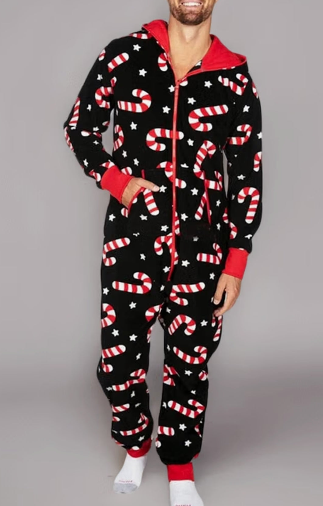 Couples Matching Christmas Pajamas Hoodie Fleece Onesie Women Men's Long Sleeve Printed Suit Full Zipper Jumpsuits with Pockets