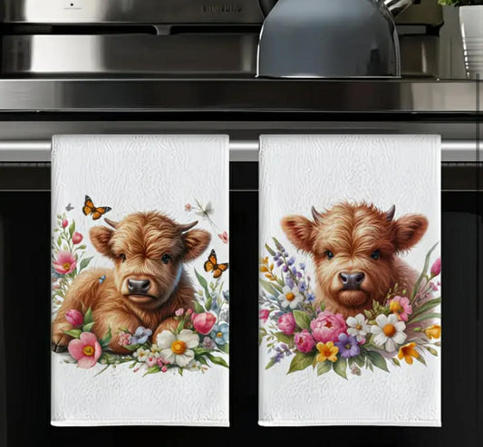 2 pcs Kitchen Towel, Highland Cow Pattern Print Kitchen Towel, Farmhouse