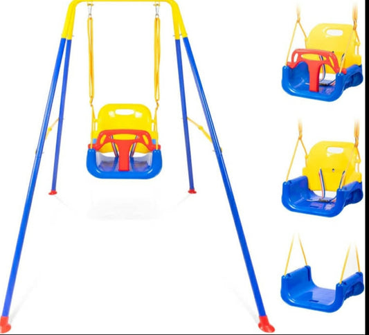 3-in-1 Toddler Swing Set Foldable Metal Frame with Safety Harness & Sandbags for Indoor or Outdoor Play - Red+Blue+Yellow Adjustable Height