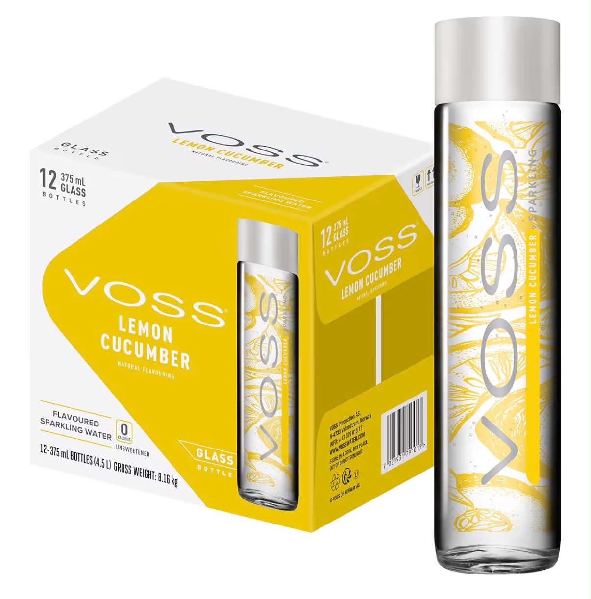 Voss Lemon Cucumber Flavoured Sparkling Water, Pack of 12 x 375ml Original Glass Bottles, Zero Calories, No Sugar, Naturally Sourced