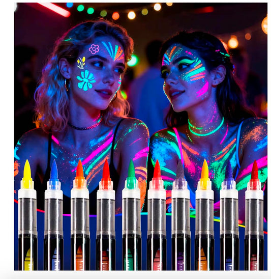 Oiomniv Glow in The Dark Face Paint Markers, 10 Colors UV Neon Body Paint  Fluorescent Only under UV or Blacklight, Waterproof, Skin-Safe and Washable for Temporary Tattoos,